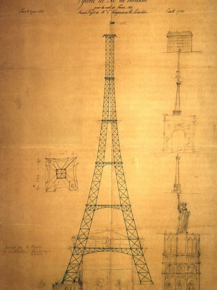 Le croquis du 6 juin 1884 : un pylône de 300 mètres comparé à Notre-Dame, à la statue de la Liberté et à la colonne Vendôme empilées