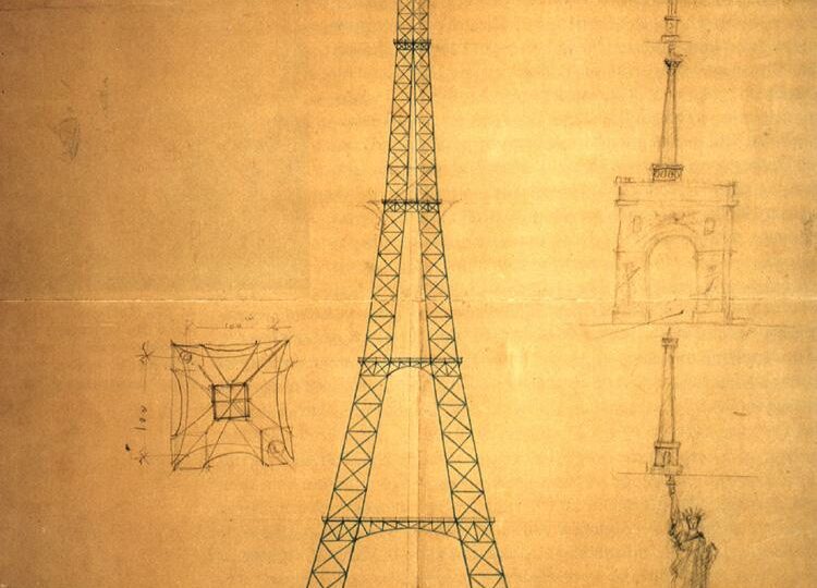 Le croquis du 6 juin 1884 : un pylône de 300 mètres comparé à Notre-Dame, à la statue de la Liberté et à la colonne Vendôme empilées